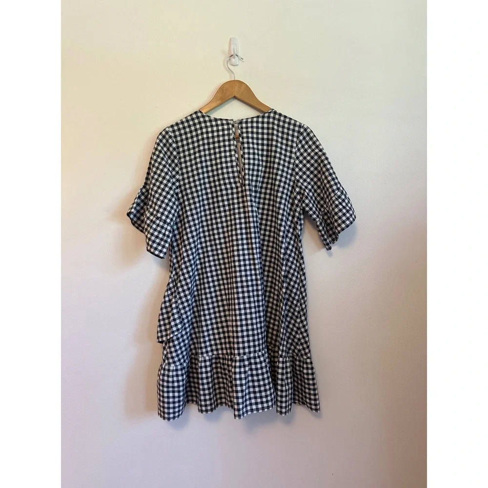 Sundress Gingham Mini Dress in Black and White and Pink Pom Poms | Size XS/S